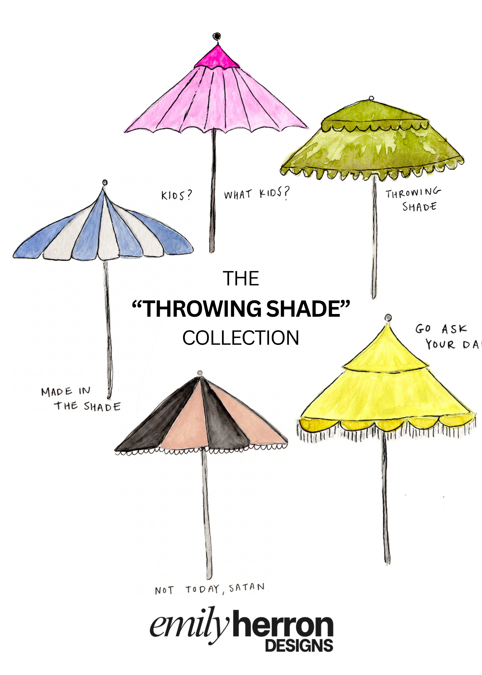 The Throwing Shade Collection - watercolor greeting cards featuring umbrellas with witty motherhood sayings, from Emily Herron Designs