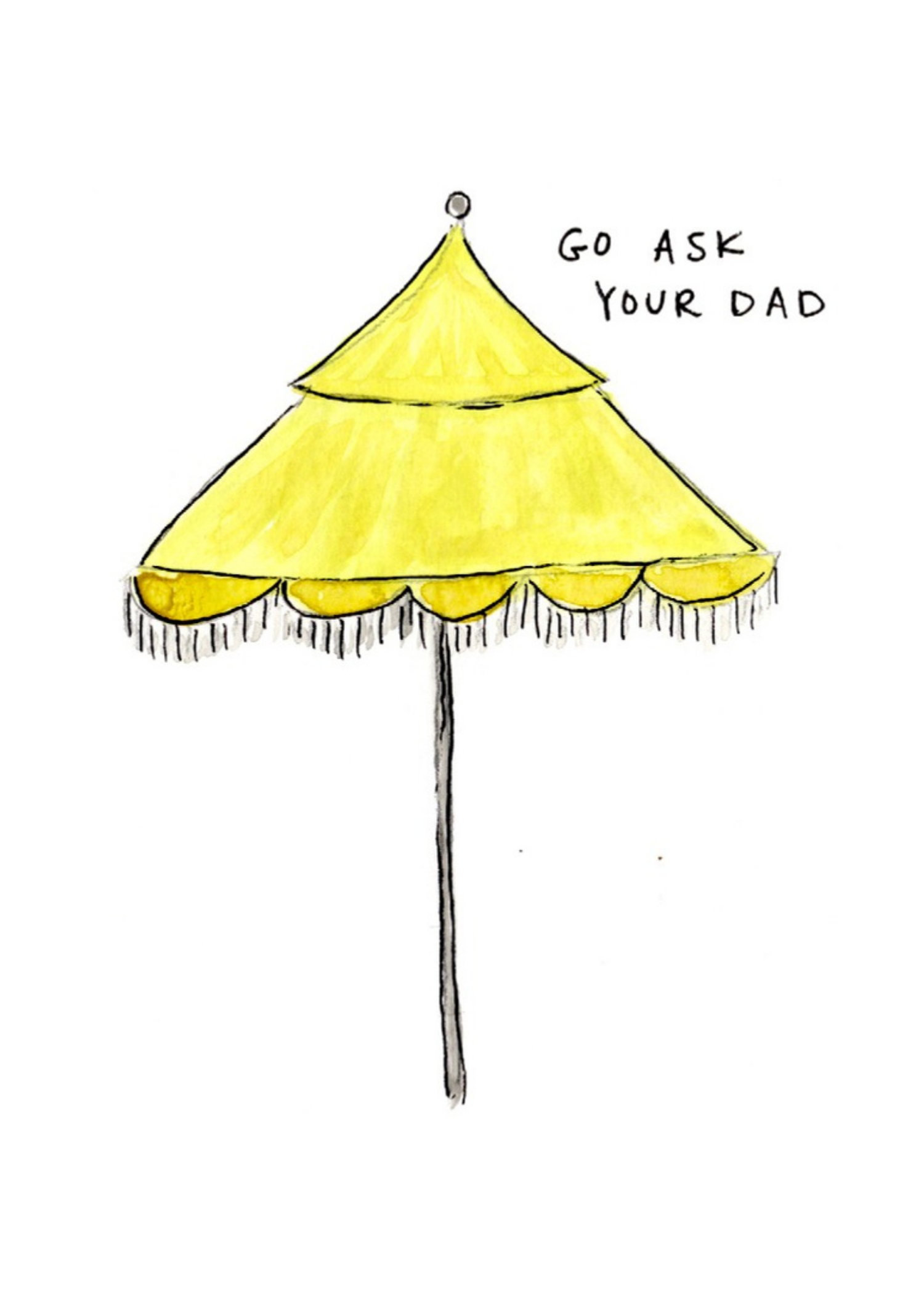 Watercolor greeting card featuring a yellow umbrella, titled Go Ask Your Dad, from the Throwing Shade Collection