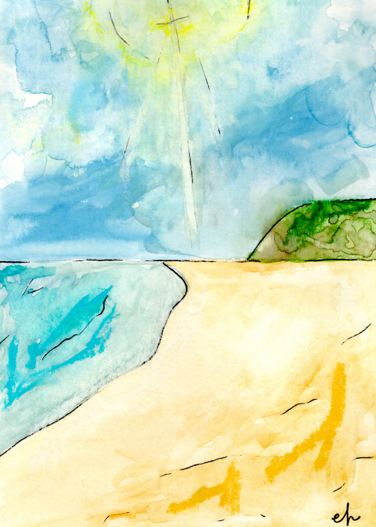 Watercolor greeting card featuring a sunbeam breaking through clouds over a beach, titled His Warmth, from The Rising Tides Collection