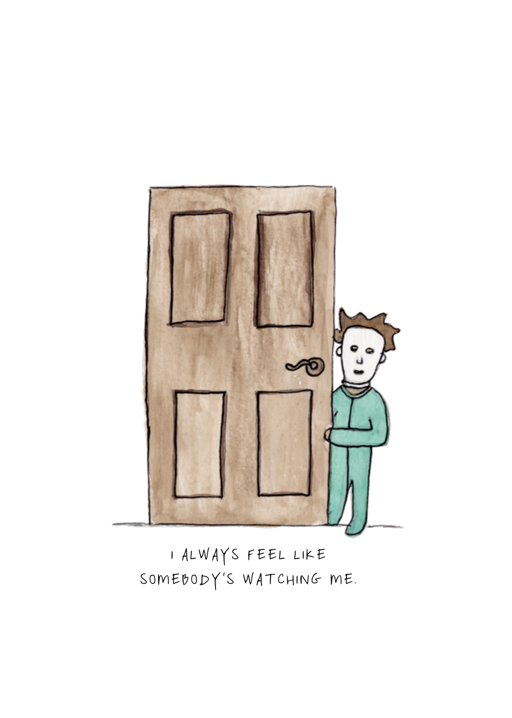 Watercolor greeting card featuring a boy peeking around a door with the phrase 'I always feel like somebody's watching me', titled Somebody's Watching Me, from The Spirited Collection