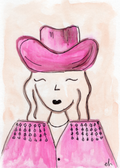Watercolor greeting card featuring a smiling cowgirl in a pink hat and pink fringed shirt, titled Pink Cowgirl, from The Giddy Up Its Go Time Collection