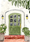 Watercolor greeting card featuring a sage green door with a stone archway and potted plants, titled Green Door, from The Doors Open But Leave By 9 Collection