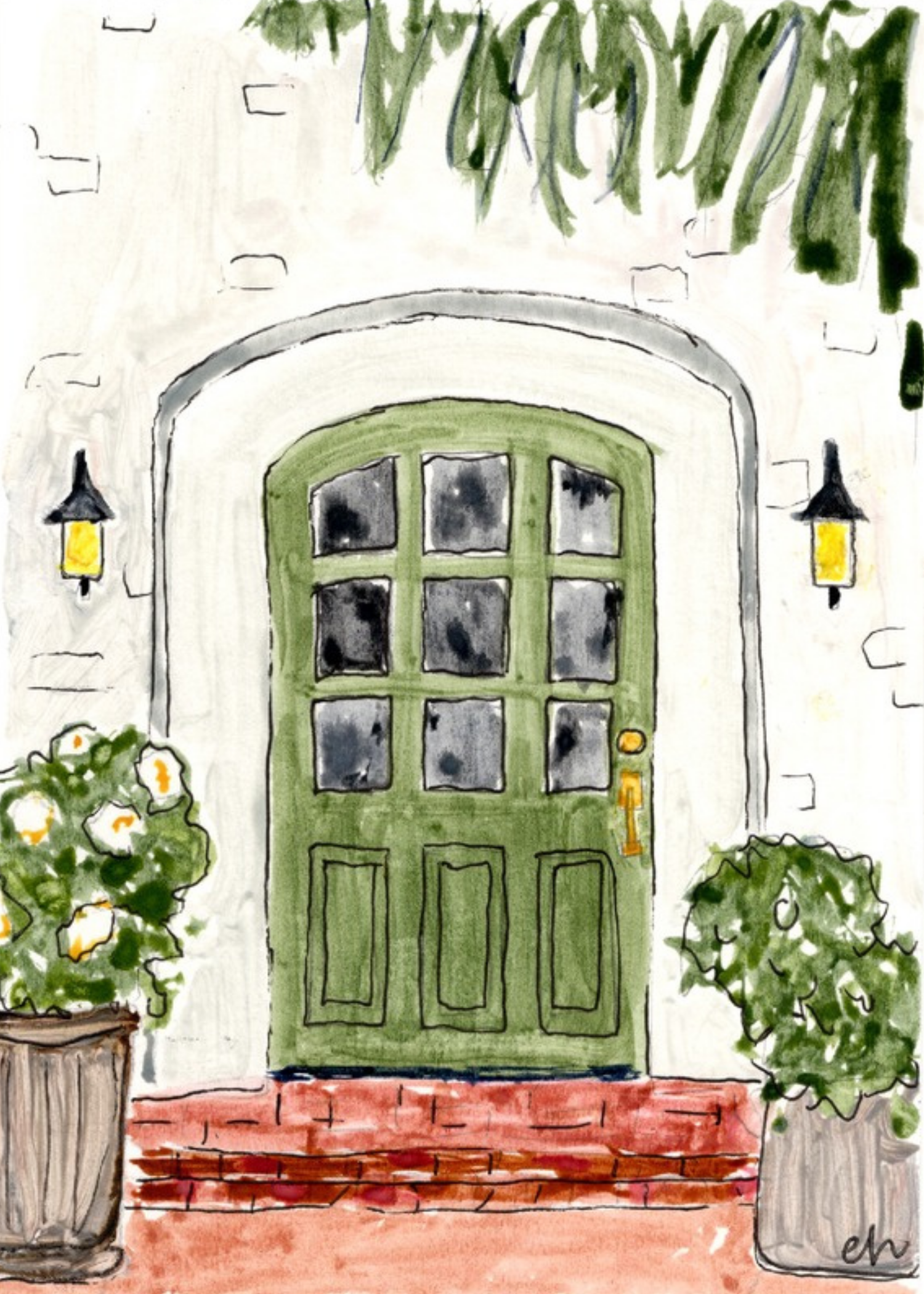 Watercolor greeting card featuring a sage green door with a stone archway and potted plants, titled Green Door, from The Doors Open But Leave By 9 Collection