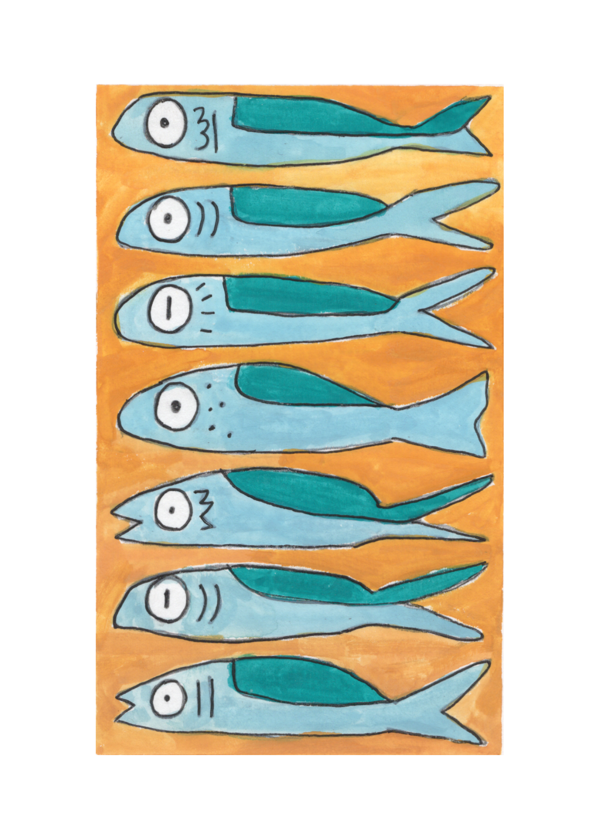 Watercolor greeting card featuring teal and light blue sardines on an orange background, titled Tangerine Sardine, from The Maybe a Little Too Close Collection