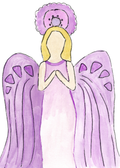 Watercolor greeting card featuring a praying angel with purple wings and halo, titled Purple Angel, from The Angels on Earth Collection
