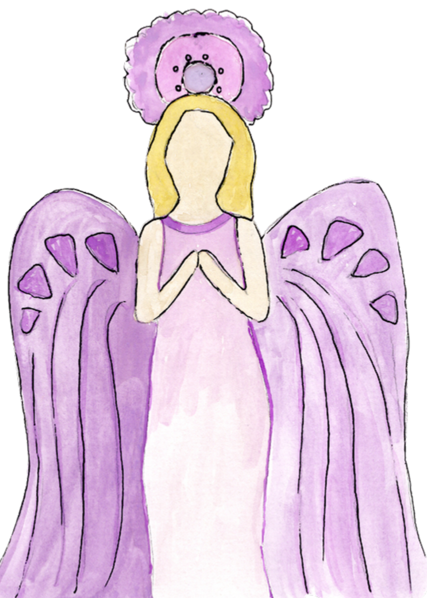 Watercolor greeting card featuring a praying angel with purple wings and halo, titled Purple Angel, from The Angels on Earth Collection