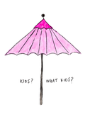 Watercolor greeting card featuring a pink umbrella, titled Kids? What Kids?, from the Throwing Shade Collection