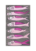 Watercolor greeting card featuring pink sardines on a gray background, titled Pink Sardine, from The Maybe a Little Too Close Collection