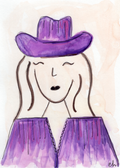 Watercolor greeting card featuring a smiling cowgirl in a purple hat and purple fringed shirt, titled Purple Cowgirl, from The Giddy Up Its Go Time Collection