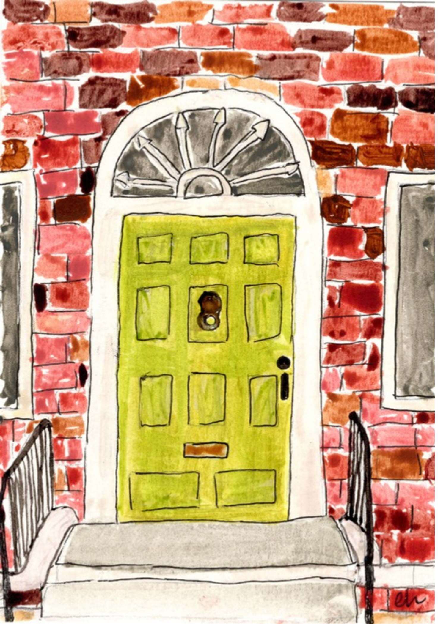 Watercolor greeting card featuring an olive green door set into a red brick facade, titled Brick House, from The Doors Open But Leave By 9 Collection