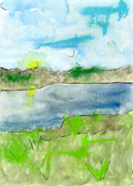 Watercolor greeting card featuring a calm marsh and lake landscape, titled His Peace, from The Rising Tides Collection