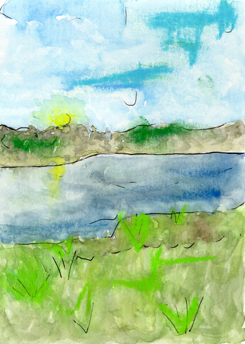 Watercolor greeting card featuring a calm marsh and lake landscape, titled His Peace, from The Rising Tides Collection