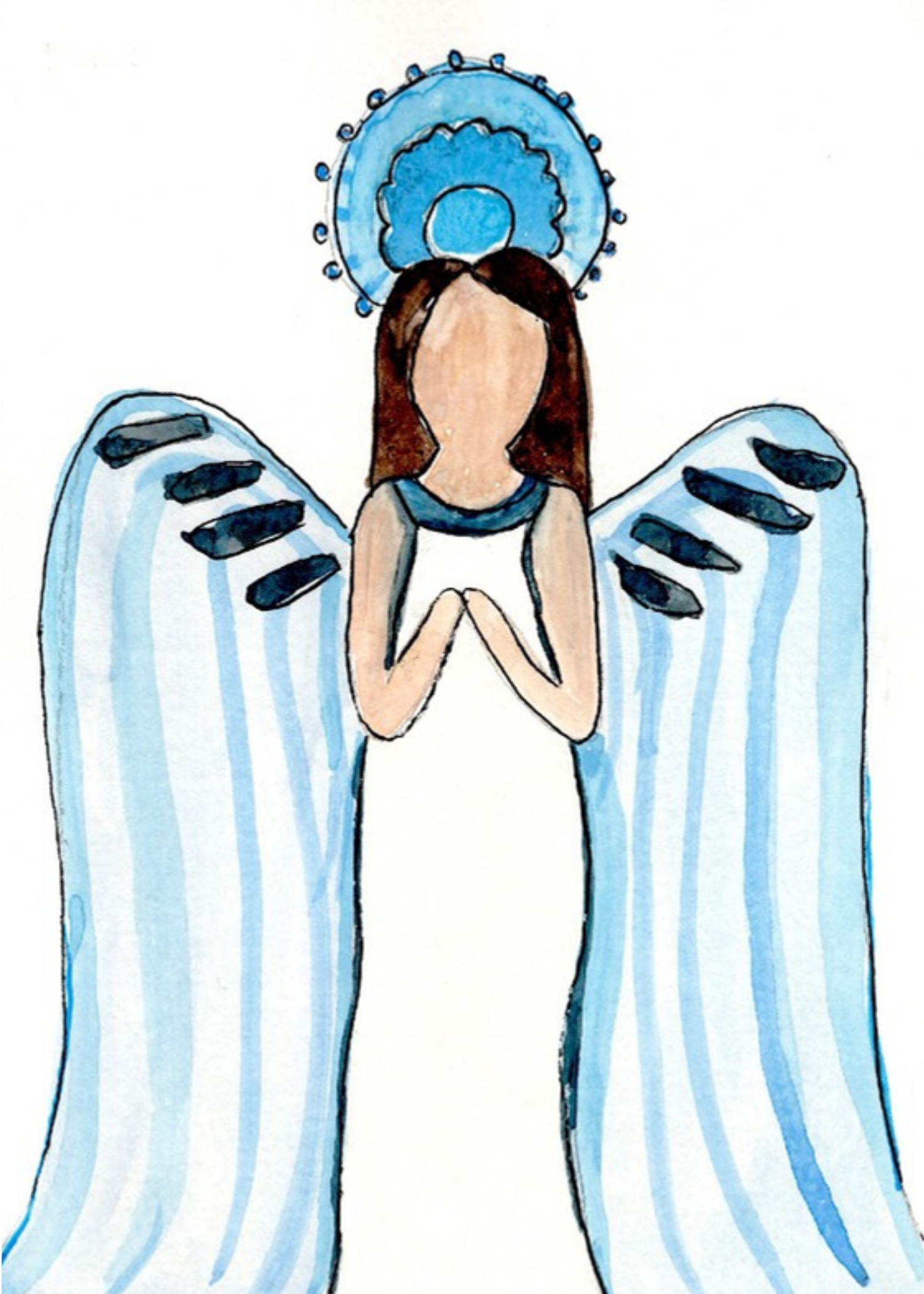 Watercolor greeting card featuring a praying angel with blue striped wings and halo, titled Blue Angel, from The Angels on Earth Collection
