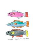 Watercolor greeting card featuring three colorful fish, titled Always Swimming Upstream, from the Messy Motherhood Collection