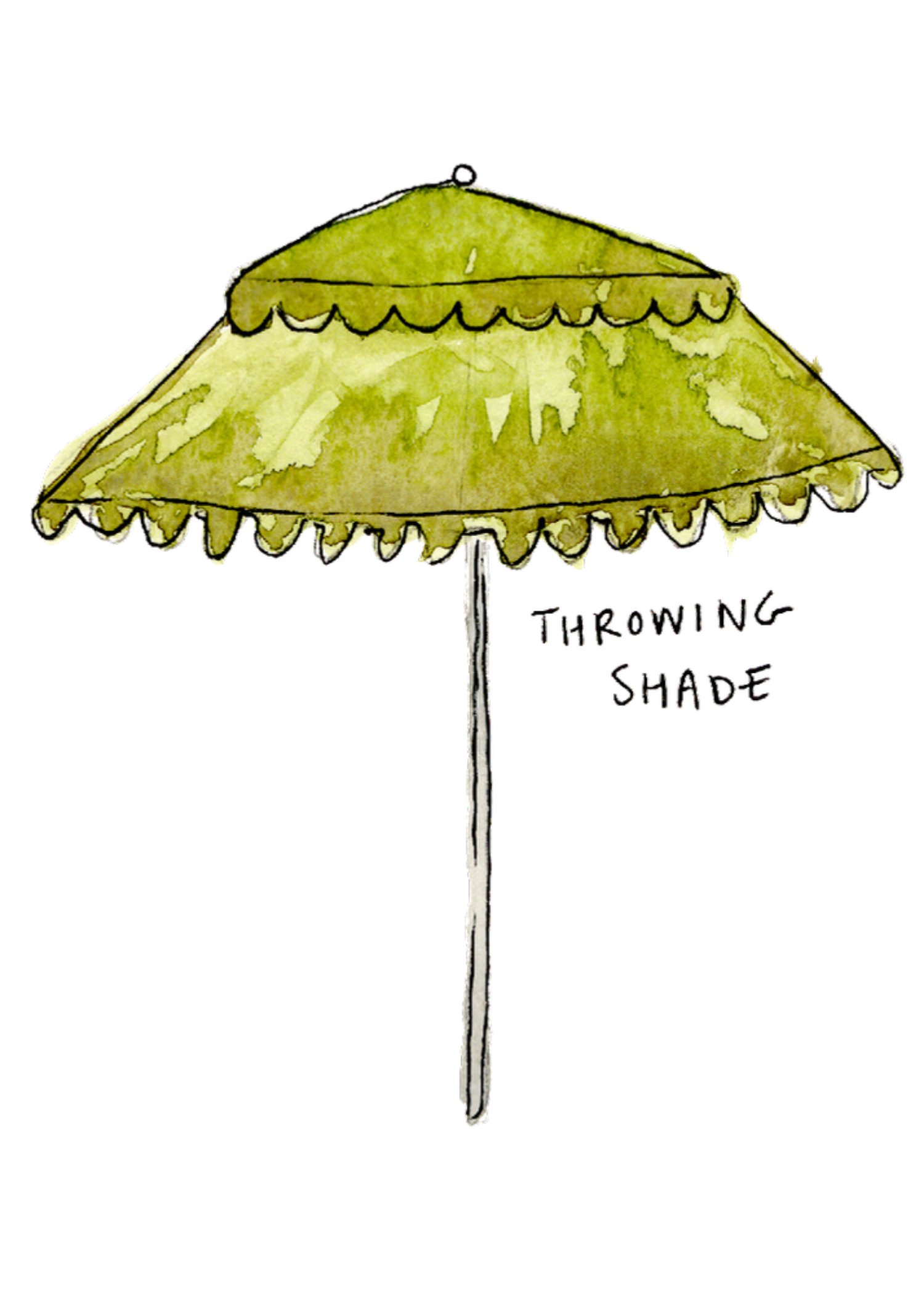 Watercolor greeting card featuring an olive green umbrella, titled Throwing Shade, from the Throwing Shade Collection
