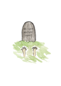 Watercolor greeting card featuring a tombstone with zombie hands reaching up and the phrase 'Can I have another snack?', titled Can I Have Another Snack?, from The Spirited Collection