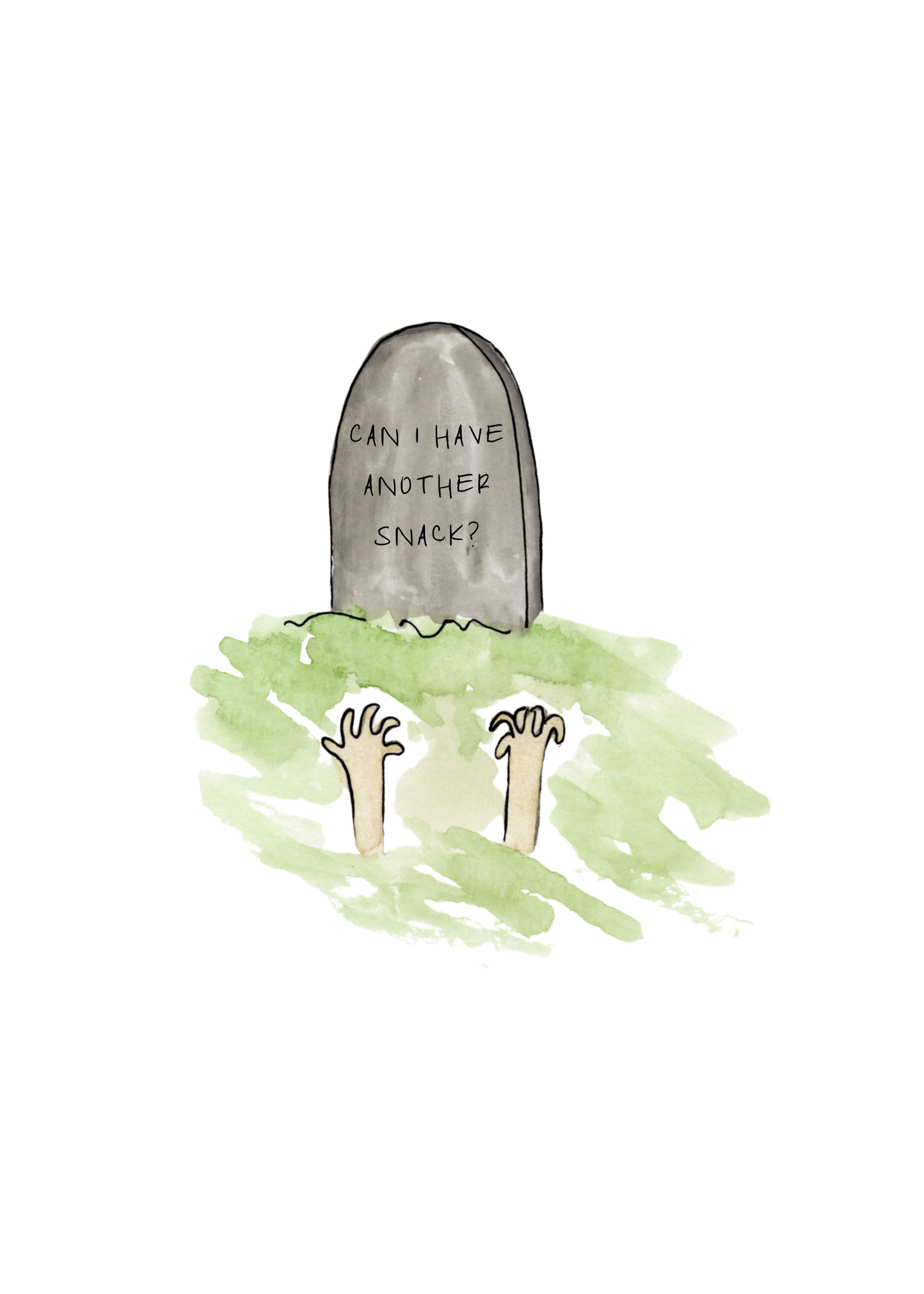 Watercolor greeting card featuring a tombstone with zombie hands reaching up and the phrase 'Can I have another snack?', titled Can I Have Another Snack?, from The Spirited Collection