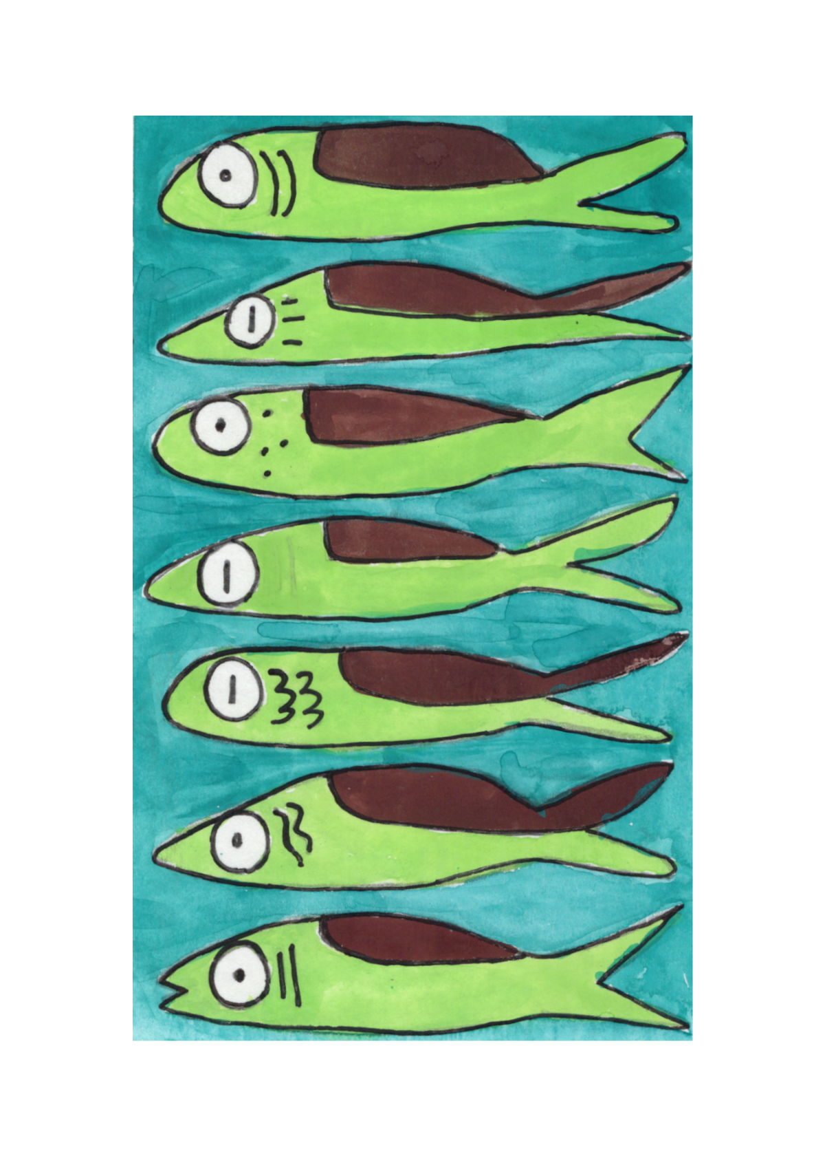 Watercolor greeting card featuring green sardines on a turquoise background, titled Turquoise Sardine, from The Maybe a Little Too Close Collection