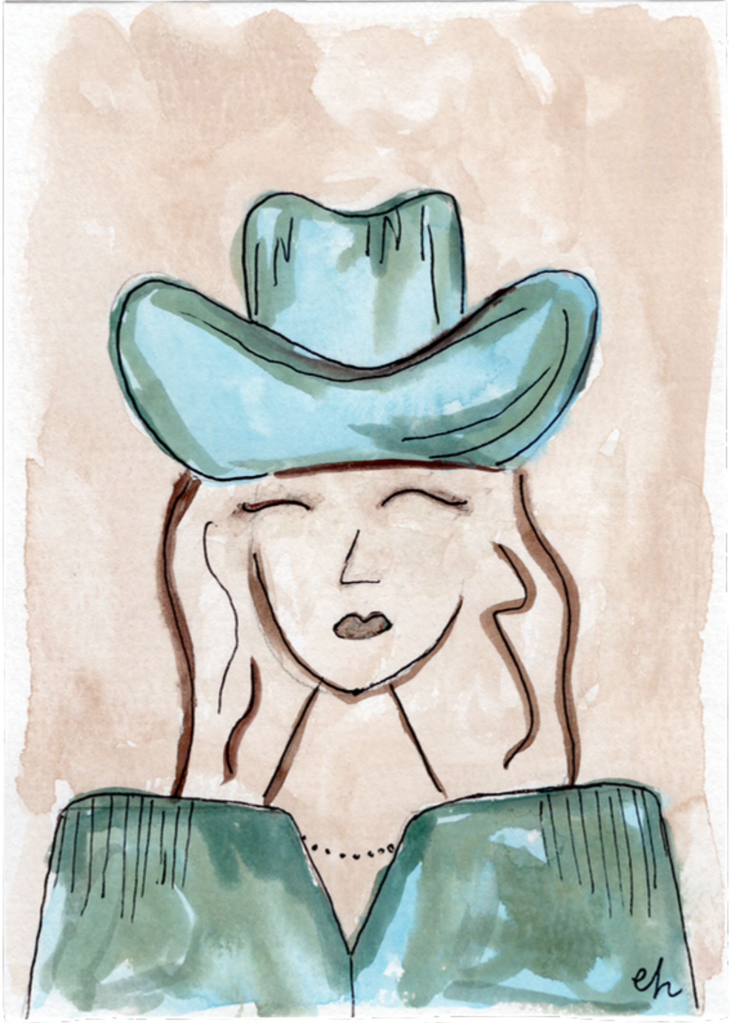 Watercolor greeting card featuring a smiling cowgirl in a turquoise hat and turquoise fringed shirt, titled Turquoise Cowgirl, from The Giddy Up Its Go Time Collection