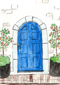 Watercolor greeting card featuring a blue arched door flanked by potted citrus trees, titled Blue Door, from The Doors Open But Leave By 9 Collection