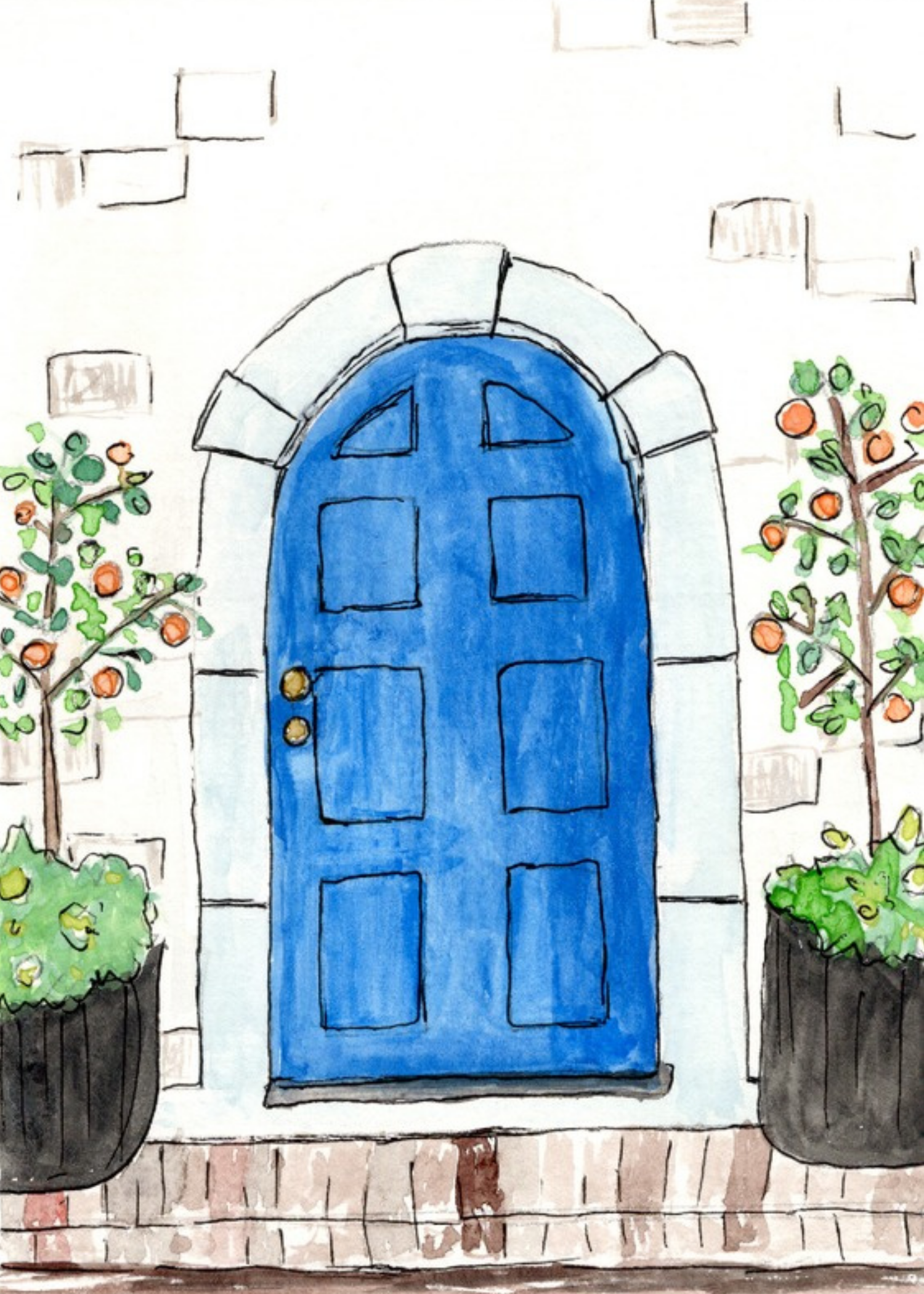 Watercolor greeting card featuring a blue arched door flanked by potted citrus trees, titled Blue Door, from The Doors Open But Leave By 9 Collection
