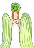 Watercolor greeting card featuring a praying angel with green wings and halo, titled Green Angel, from The Angels on Earth Collection