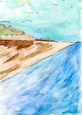 Watercolor greeting card featuring a sandy dune trail along the coastline, titled His Path, from The Rising Tides Collection