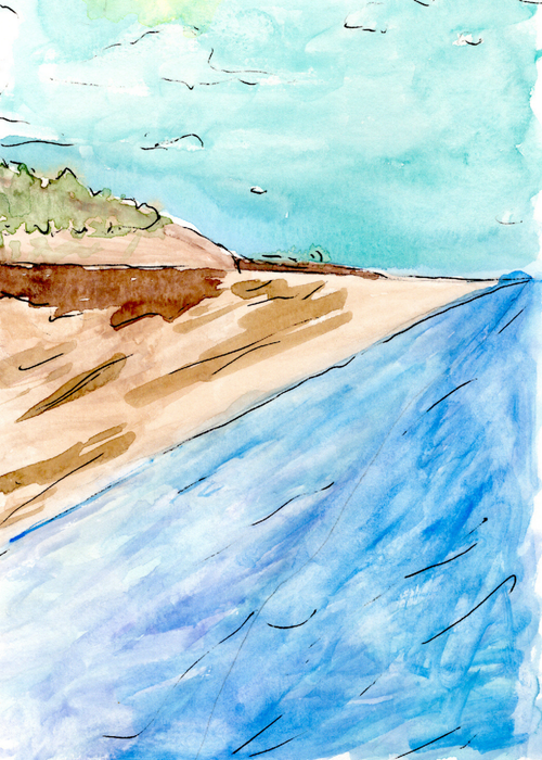 Watercolor greeting card featuring a sandy dune trail along the coastline, titled His Path, from The Rising Tides Collection