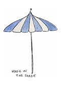 Watercolor greeting card featuring a blue and white striped umbrella, titled Made in the Shade, from the Throwing Shade Collection