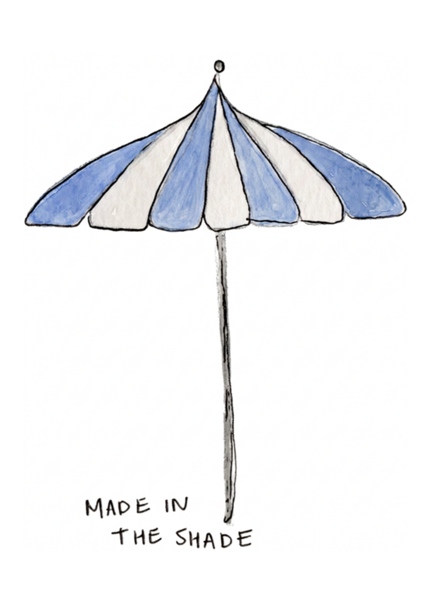 Watercolor greeting card featuring a blue and white striped umbrella, titled Made in the Shade, from the Throwing Shade Collection