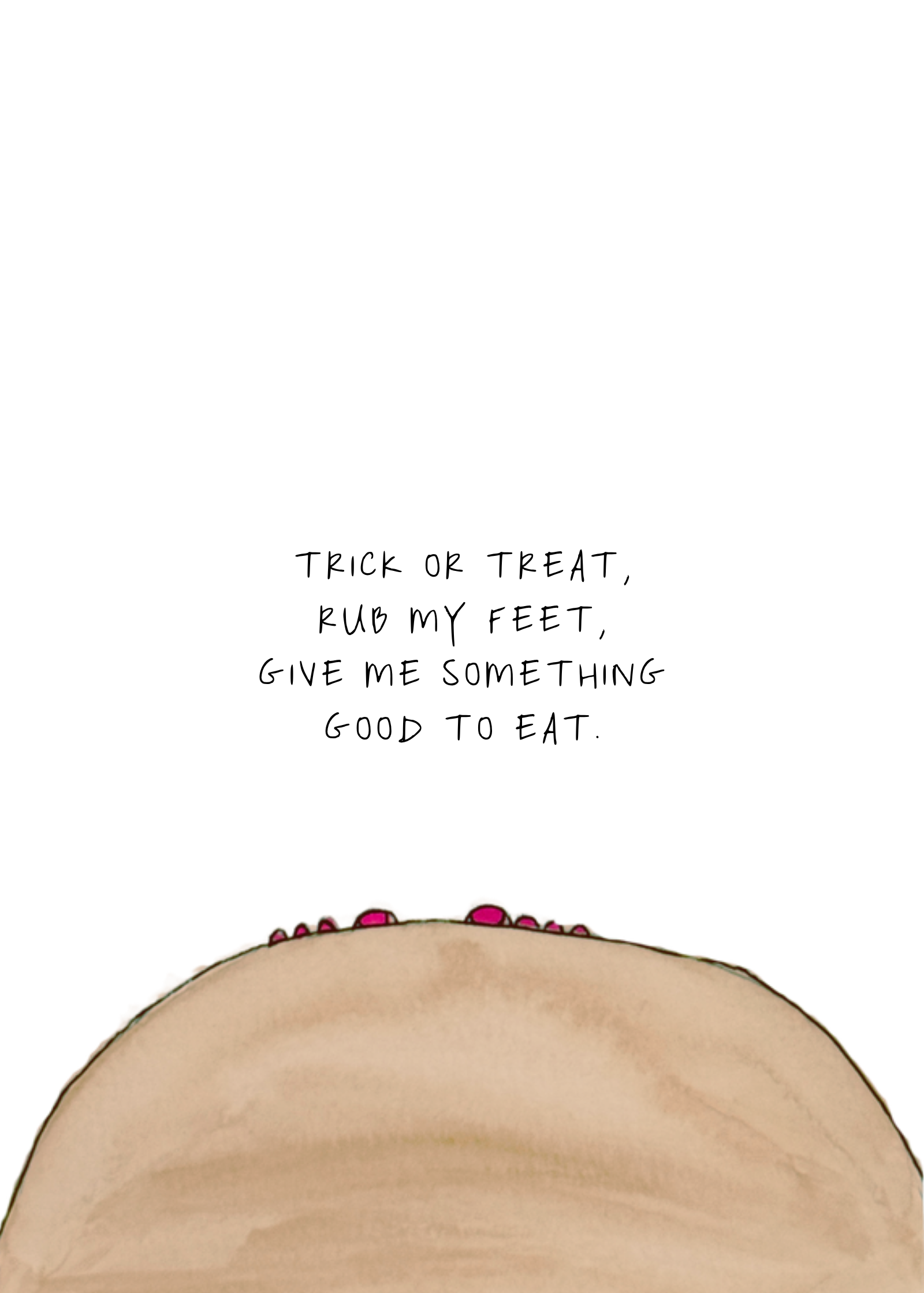 Watercolor greeting card featuring a jack-o-lantern illustration with the phrase 'Trick or treat, rub my feet, give me something good to eat', titled Trick or Treat, from The Spirited Collection