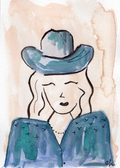 Watercolor greeting card featuring a smiling cowgirl in a navy hat and navy fringed shirt, titled Navy Cowgirl, from The Giddy Up Its Go Time Collection