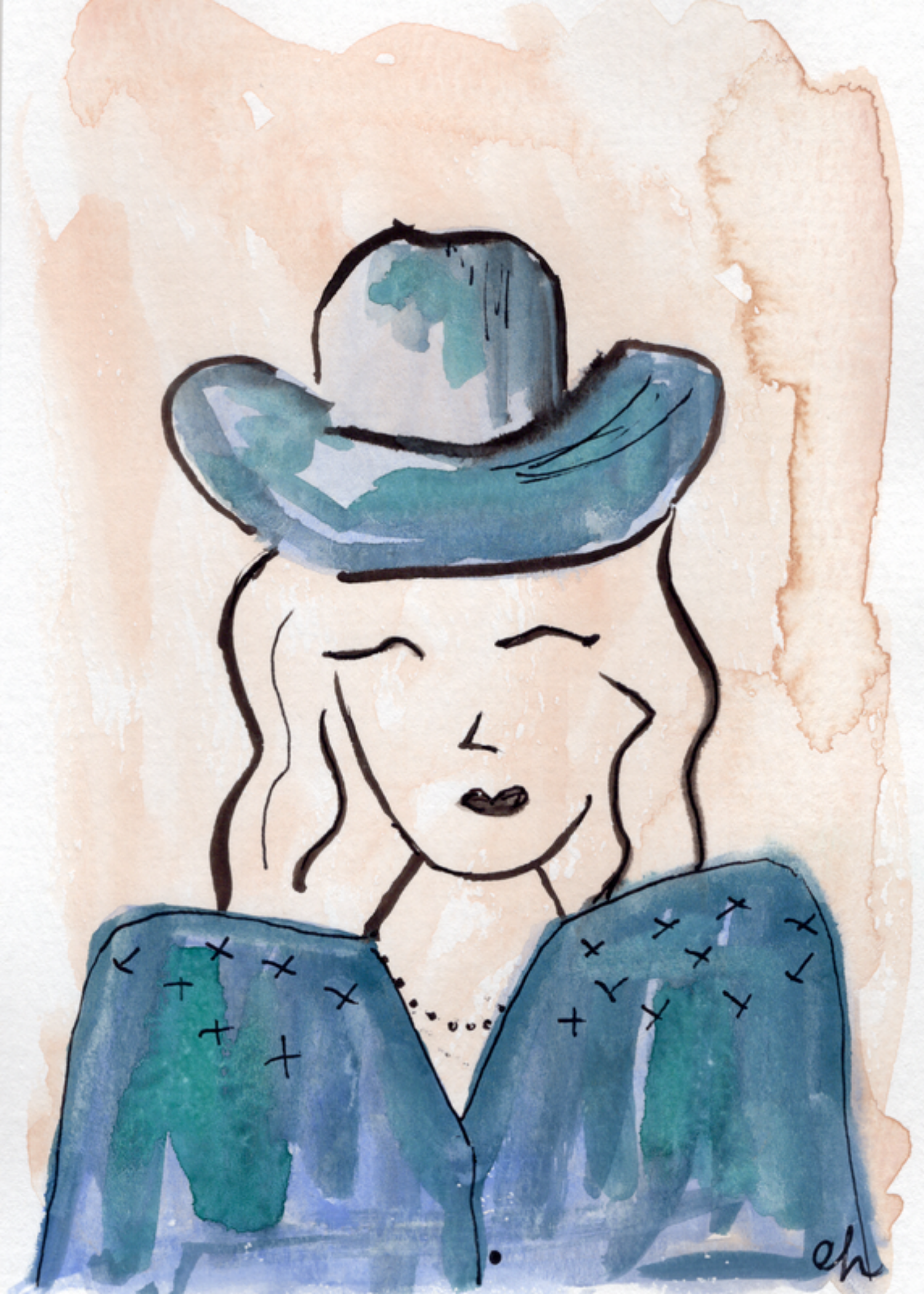 Watercolor greeting card featuring a smiling cowgirl in a navy hat and navy fringed shirt, titled Navy Cowgirl, from The Giddy Up Its Go Time Collection