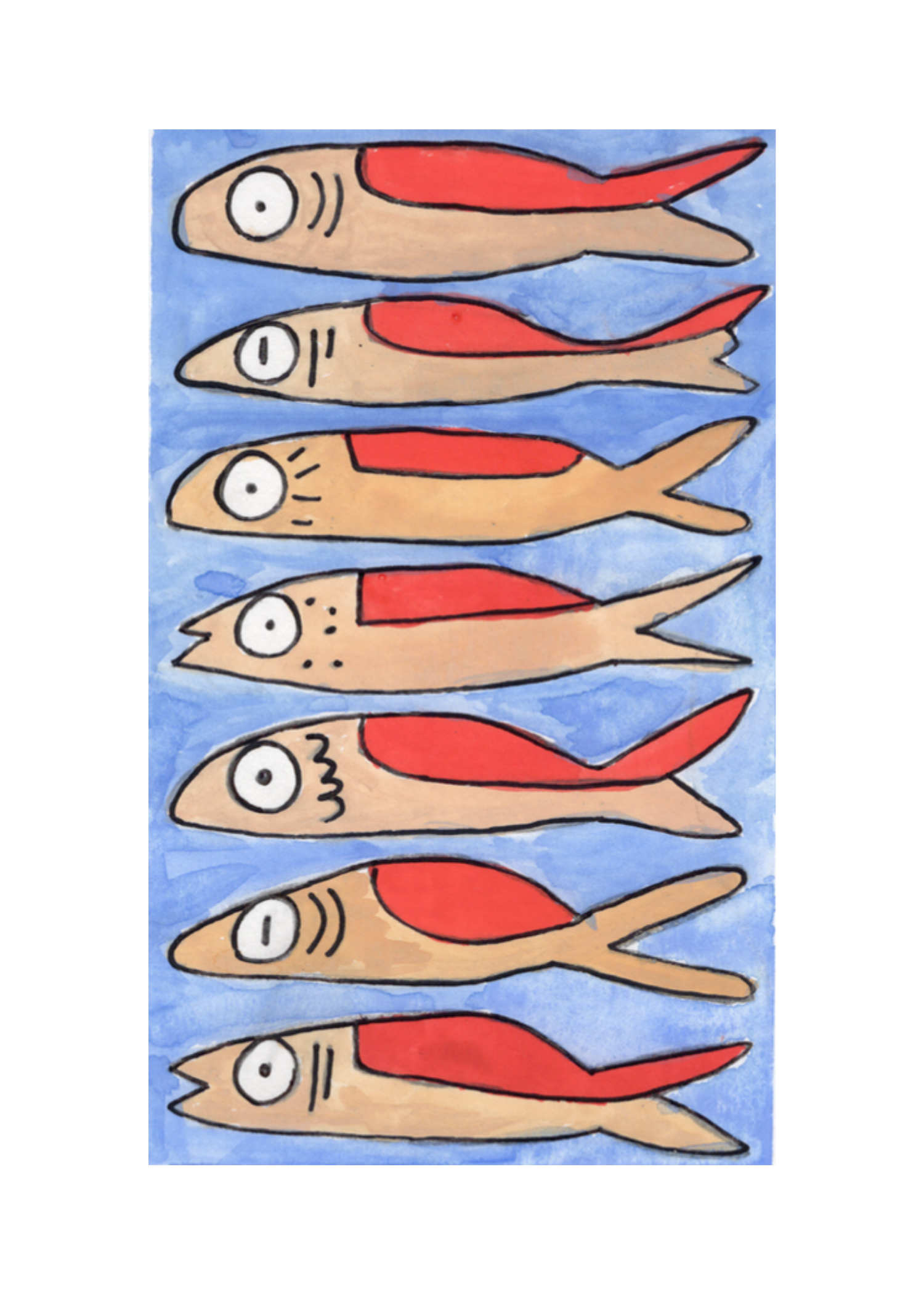 Watercolor greeting card featuring tan sardines with red-accented fins on a blue background, titled Taupe Sardine, from The Maybe a Little Too Close Collection