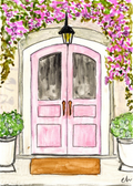 Watercolor greeting card featuring pink double doors beneath a flowering pink vine, titled Pink Door, from The Doors Open But Leave By 9 Collection
