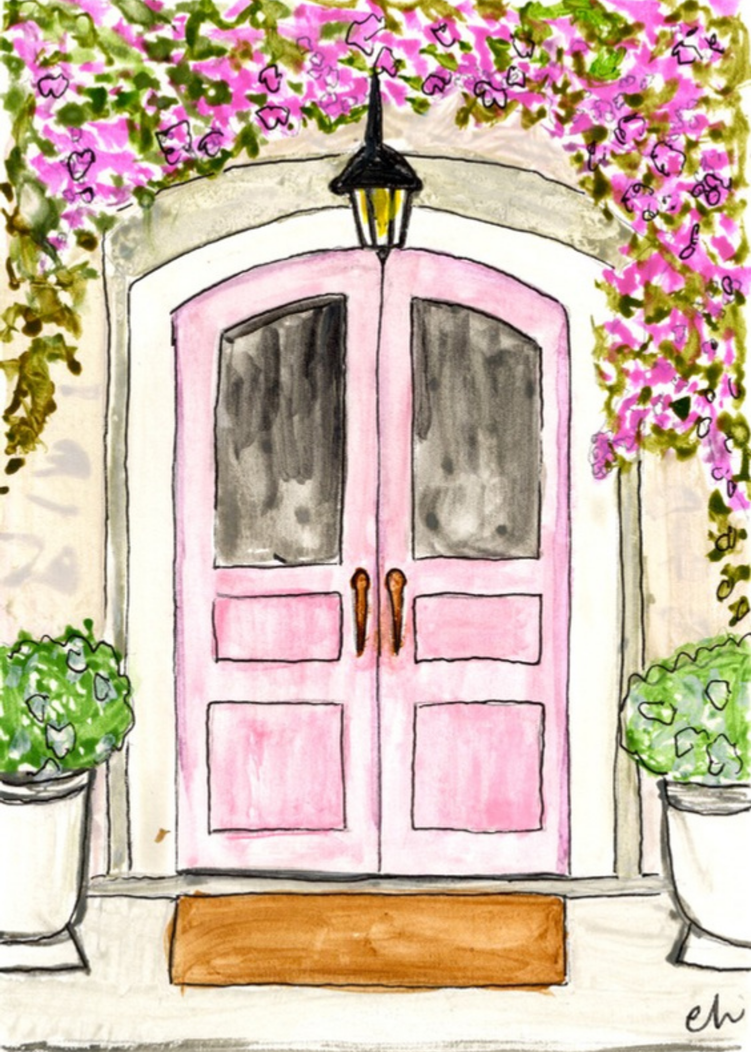 Watercolor greeting card featuring pink double doors beneath a flowering pink vine, titled Pink Door, from The Doors Open But Leave By 9 Collection