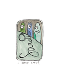 Watercolor greeting card featuring three sardines in a can, titled I Need Space, from the Messy Motherhood Collection