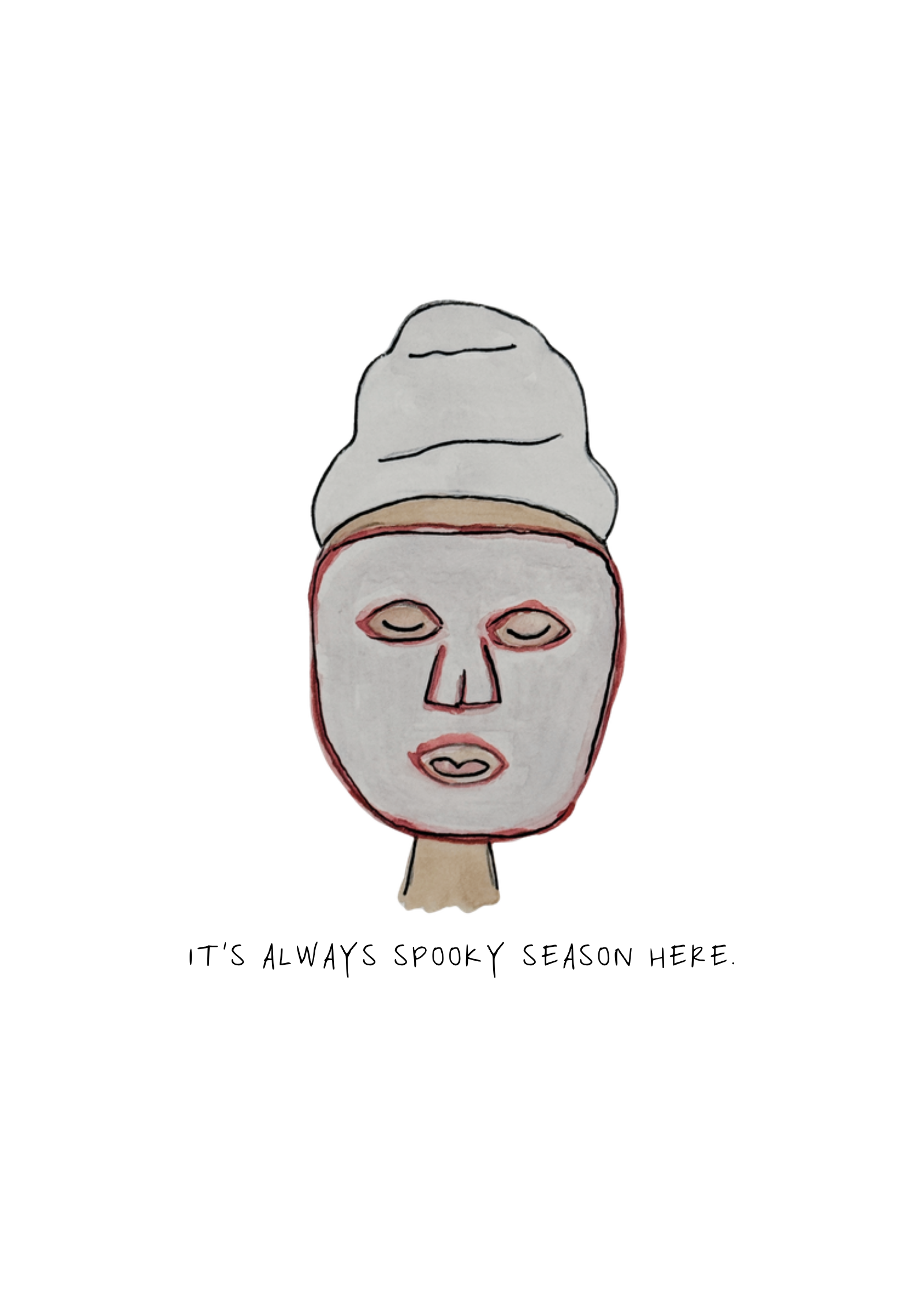 Watercolor greeting card featuring a spooky mask illustration with the phrase 'It's always spooky season here', titled Spooky Season, from The Spirited Collection