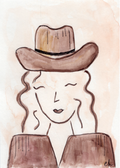 Watercolor greeting card featuring a smiling cowgirl in a brown hat and brown fringed shirt, titled Brown Cowgirl, from The Giddy Up Its Go Time Collection