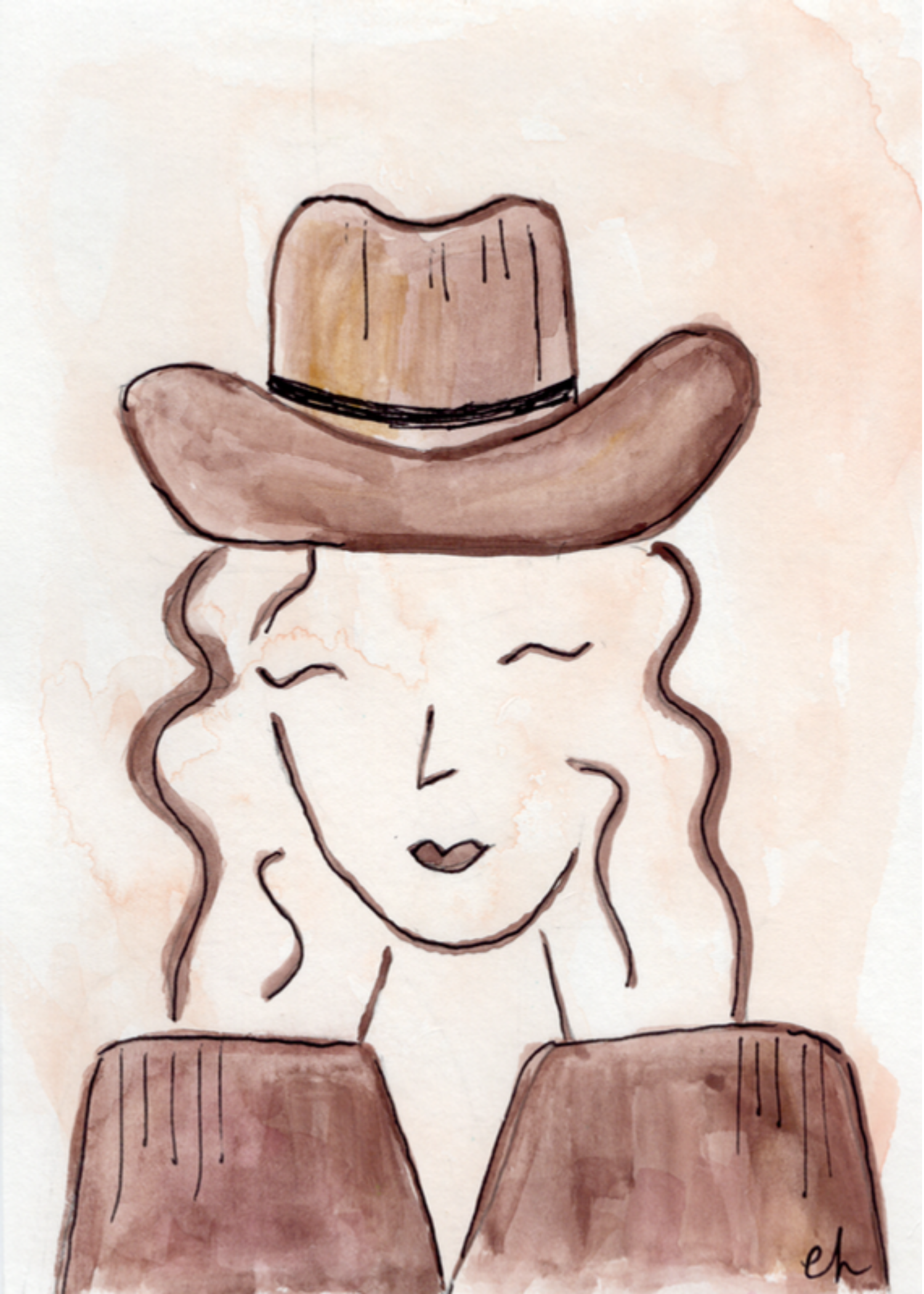 Watercolor greeting card featuring a smiling cowgirl in a brown hat and brown fringed shirt, titled Brown Cowgirl, from The Giddy Up Its Go Time Collection