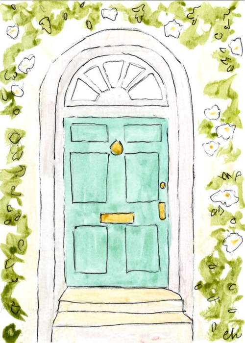 Watercolor greeting card featuring an aqua door framed by white flowering vines, titled Aqua Door, from The Doors Open But Leave By 9 Collection