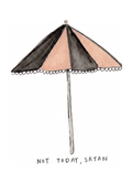 Watercolor greeting card featuring a black and coral striped umbrella, titled Not Today Satan, from the Throwing Shade Collection