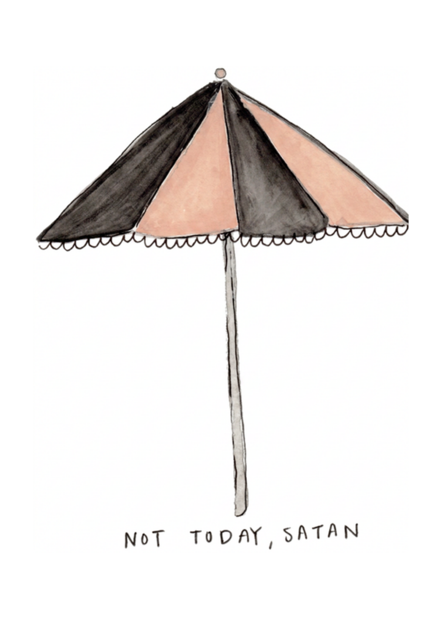 Watercolor greeting card featuring a black and coral striped umbrella, titled Not Today Satan, from the Throwing Shade Collection