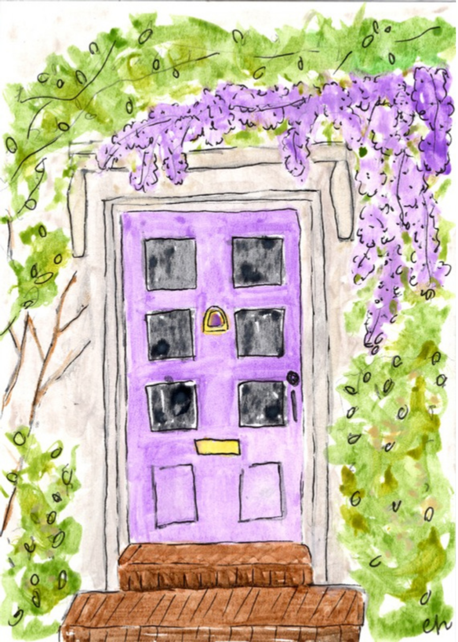 Watercolor greeting card featuring a purple door beneath a cascading wisteria vine, titled Purple Door, from The Doors Open But Leave By 9 Collection